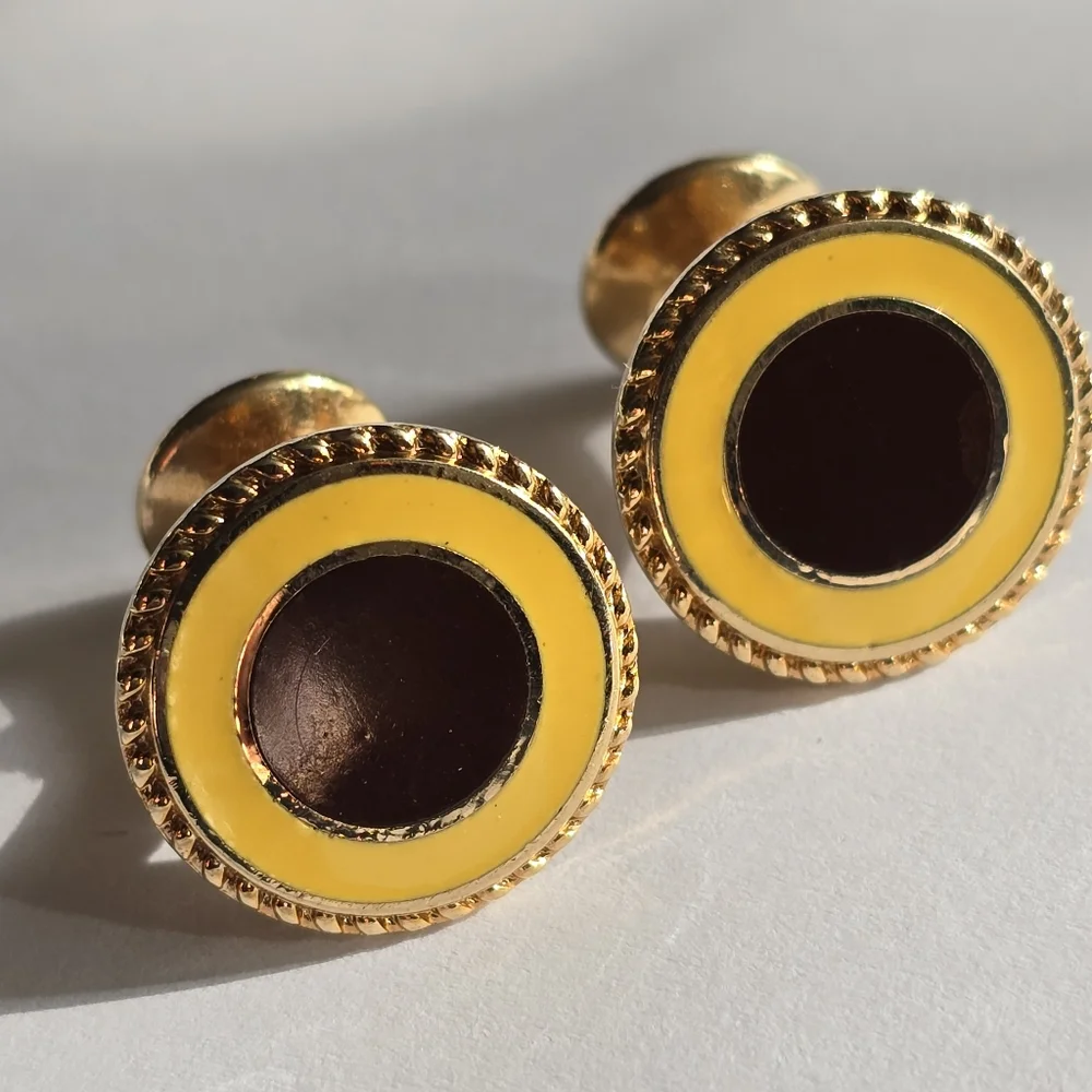 Vintage cuff links yellow brown enamel gold tone round circle formal